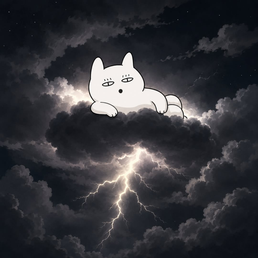 Mochi glowing between clouds